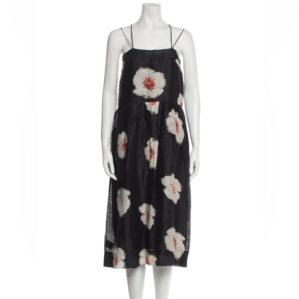 Black Floral Slip Midi Dress with White Blossom Print